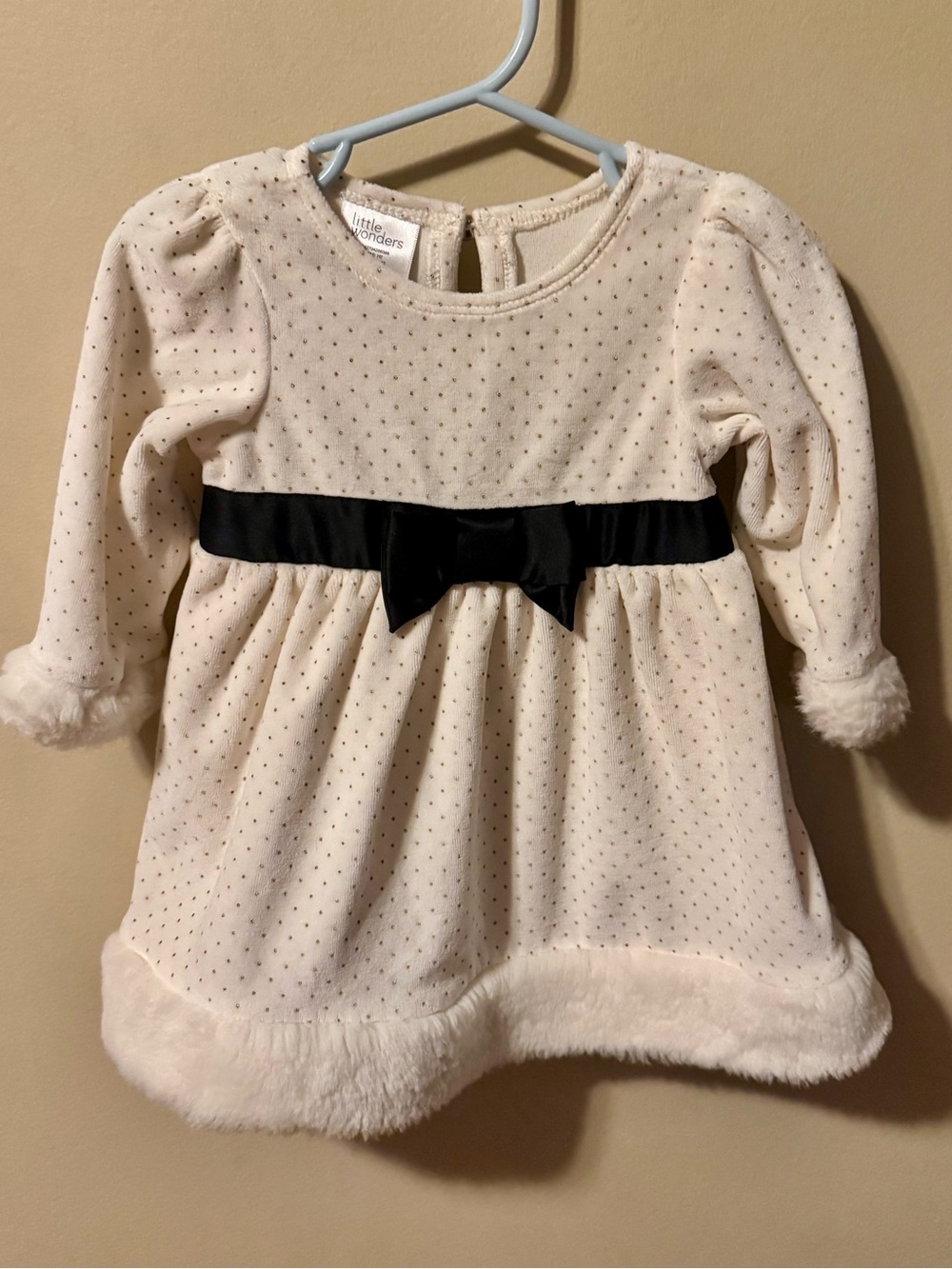 Little Wonders Cream Velvet Holiday Dress with Black Bow